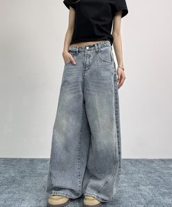 Ink Splash Design Curved Blade Jeans for Women | Loose Draped Wide-Leg Pants for Men | American Vintage Style