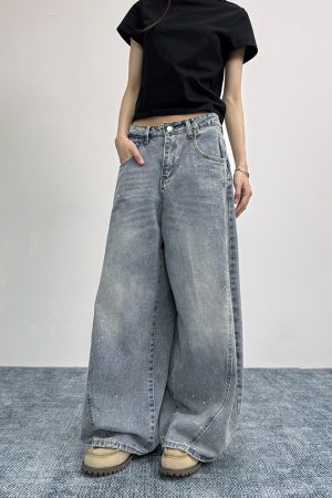 Ink Splash Design Curved Blade Jeans for Women | Loose Draped Wide-Leg Pants for Men | American Vintage Style