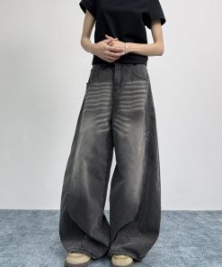 Ink Splash Design Curved Blade Jeans for Women | Loose Draped Wide-Leg Pants for Men | American Vintage Style