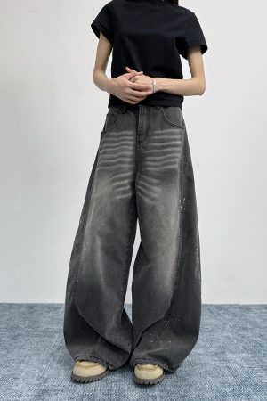 Ink Splash Design Curved Blade Jeans for Women | Loose Draped Wide-Leg Pants for Men | American Vintage Style
