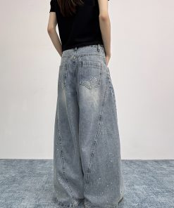 Ink Splash Design Curved Blade Jeans for Women | Loose Draped Wide-Leg Pants for Men | American Vintage Style