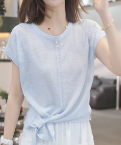 Irregular Blue Short-Sleeve T-Shirt for Women - 2025 Summer Casual Thin Ice Silk Knitted Top in Y2K Style