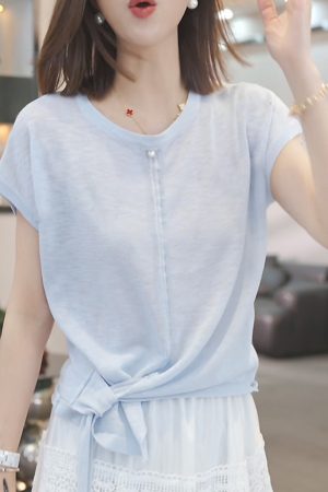 Irregular Blue Short-Sleeve T-Shirt for Women - 2025 Summer Casual Thin Ice Silk Knitted Top in Y2K Style