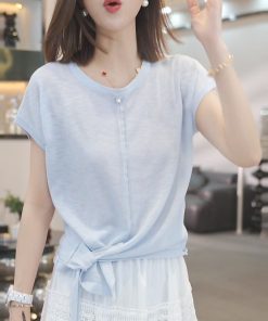 Irregular Blue Short-Sleeve T-Shirt for Women - 2025 Summer Casual Thin Ice Silk Knitted Top in Y2K Style