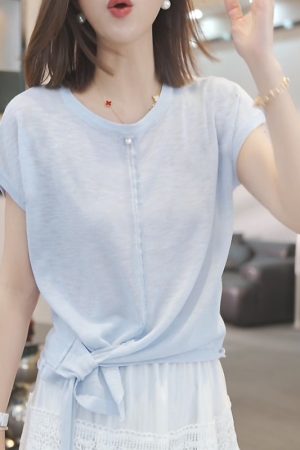 Irregular Blue Short-Sleeve T-Shirt for Women - 2025 Summer Casual Thin Ice Silk Knitted Top in Y2K Style