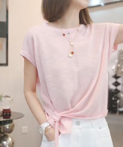 Irregular Blue Short-Sleeve T-Shirt for Women - 2025 Summer Casual Thin Ice Silk Knitted Top in Y2K Style