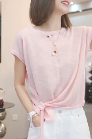 Irregular Blue Short-Sleeve T-Shirt for Women - 2025 Summer Casual Thin Ice Silk Knitted Top in Y2K Style