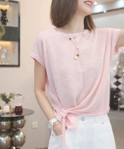 Irregular Blue Short-Sleeve T-Shirt for Women - 2025 Summer Casual Thin Ice Silk Knitted Top in Y2K Style