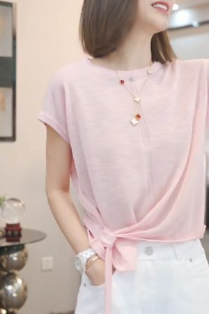 Irregular Blue Short-Sleeve T-Shirt for Women - 2025 Summer Casual Thin Ice Silk Knitted Top in Y2K Style
