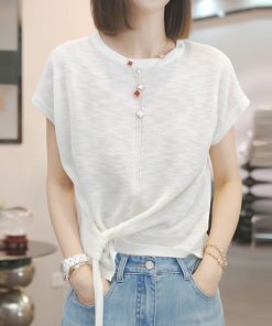 Irregular Blue Short-Sleeve T-Shirt for Women - 2025 Summer Casual Thin Ice Silk Knitted Top in Y2K Style