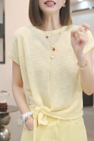 Irregular Blue Short-Sleeve T-Shirt for Women - 2025 Summer Casual Thin Ice Silk Knitted Top in Y2K Style