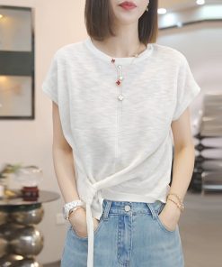 Irregular Blue Short-Sleeve T-Shirt for Women - 2025 Summer Casual Thin Ice Silk Knitted Top in Y2K Style