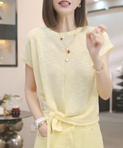 Irregular Blue Short-Sleeve T-Shirt for Women - 2025 Summer Casual Thin Ice Silk Knitted Top in Y2K Style