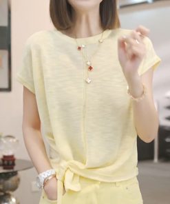 Irregular Blue Short-Sleeve T-Shirt for Women - 2025 Summer Casual Thin Ice Silk Knitted Top in Y2K Style