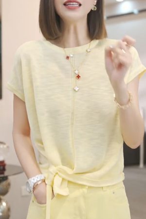 Irregular Blue Short-Sleeve T-Shirt for Women - 2025 Summer Casual Thin Ice Silk Knitted Top in Y2K Style