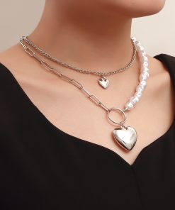 Irregular Faux Pearl Bead Splicing Clavicle Chain Necklace, Double-Layer Heart Pendant Necklace for Women - Trendy European Style Jewelry