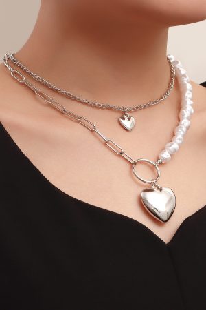 Irregular Faux Pearl Bead Splicing Clavicle Chain Necklace, Double-Layer Heart Pendant Necklace for Women - Trendy European Style Jewelry