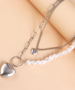 Irregular Faux Pearl Bead Splicing Clavicle Chain Necklace, Double-Layer Heart Pendant Necklace for Women - Trendy European Style Jewelry