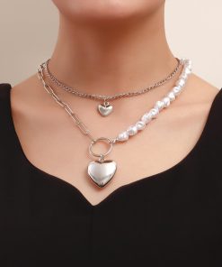 Irregular Faux Pearl Bead Splicing Clavicle Chain Necklace, Double-Layer Heart Pendant Necklace for Women - Trendy European Style Jewelry