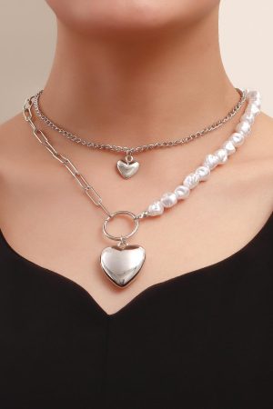 Irregular Faux Pearl Bead Splicing Clavicle Chain Necklace, Double-Layer Heart Pendant Necklace for Women - Trendy European Style Jewelry