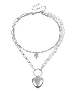Irregular Faux Pearl Bead Splicing Clavicle Chain Necklace, Double-Layer Heart Pendant Necklace for Women - Trendy European Style Jewelry