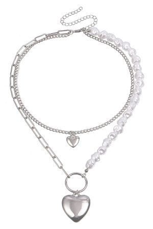 Irregular Faux Pearl Bead Splicing Clavicle Chain Necklace, Double-Layer Heart Pendant Necklace for Women - Trendy European Style Jewelry