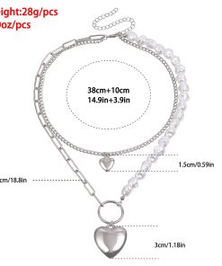 Irregular Faux Pearl Bead Splicing Clavicle Chain Necklace, Double-Layer Heart Pendant Necklace for Women - Trendy European Style Jewelry