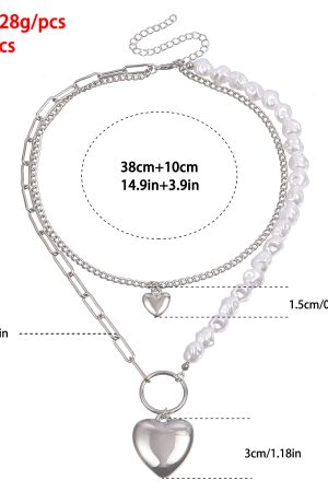 Irregular Faux Pearl Bead Splicing Clavicle Chain Necklace, Double-Layer Heart Pendant Necklace for Women - Trendy European Style Jewelry