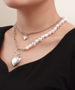 Irregular Faux Pearl Bead Splicing Clavicle Chain Necklace, Double-Layer Heart Pendant Necklace for Women - Trendy European Style Jewelry