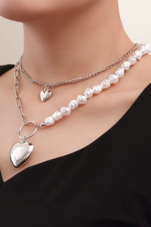 Irregular Faux Pearl Bead Splicing Clavicle Chain Necklace, Double-Layer Heart Pendant Necklace for Women - Trendy European Style Jewelry