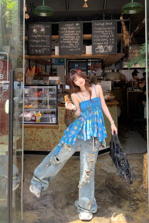 Irregular Floral Camisole - Spicy Girl Ukiyo-e Summer Top for Women - Trendy Doll Shirt - Y2K Inspired Fashion Outerwear
