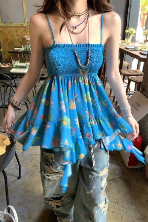 Irregular Floral Camisole - Spicy Girl Ukiyo-e Summer Top for Women - Trendy Doll Shirt - Y2K Inspired Fashion Outerwear