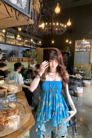 Irregular Floral Camisole - Spicy Girl Ukiyo-e Summer Top for Women - Trendy Doll Shirt - Y2K Inspired Fashion Outerwear