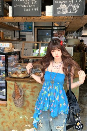 Irregular Floral Camisole - Spicy Girl Ukiyo-e Summer Top for Women - Trendy Doll Shirt - Y2K Inspired Fashion Outerwear