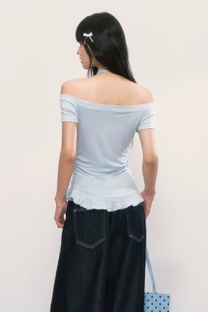 Irregular Hem One-Shoulder Top for Women, Off-Shoulder Short Sleeves, Trendy Summer Style, Perfect for Weekend Outings