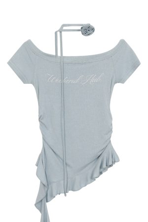 Irregular Hem One-Shoulder Top for Women, Off-Shoulder Short Sleeves, Trendy Summer Style, Perfect for Weekend Outings