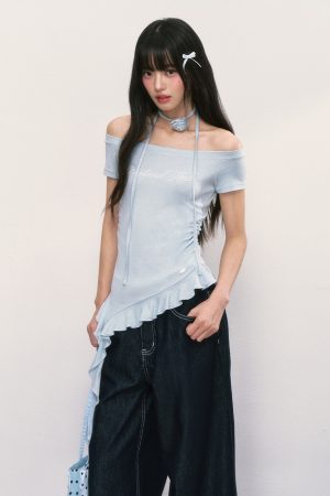 Irregular Hem One-Shoulder Top for Women, Off-Shoulder Short Sleeves, Trendy Summer Style, Perfect for Weekend Outings