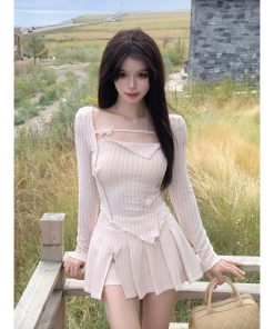 Irregular Long Sleeve Dress Set with Pleated Skirt - French Style Spicy Girl Spring Fashion for Women