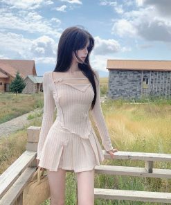 Irregular Long Sleeve Dress Set with Pleated Skirt - French Style Spicy Girl Spring Fashion for Women