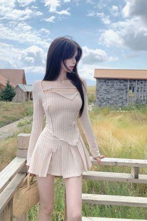 Irregular Long Sleeve Dress Set with Pleated Skirt - French Style Spicy Girl Spring Fashion for Women
