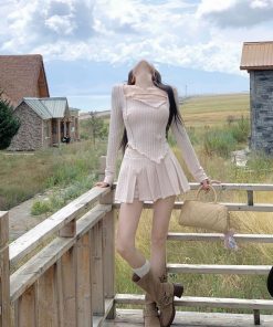 Irregular Long Sleeve Dress Set with Pleated Skirt - French Style Spicy Girl Spring Fashion for Women