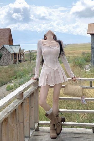 Irregular Long Sleeve Dress Set with Pleated Skirt - French Style Spicy Girl Spring Fashion for Women