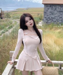 Irregular Long Sleeve Dress Set with Pleated Skirt - French Style Spicy Girl Spring Fashion for Women