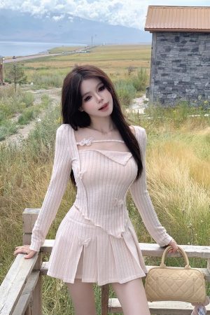 Irregular Long Sleeve Dress Set with Pleated Skirt - French Style Spicy Girl Spring Fashion for Women