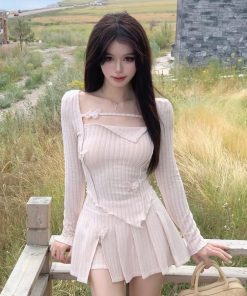 Irregular Long Sleeve Dress Set with Pleated Skirt - French Style Spicy Girl Spring Fashion for Women