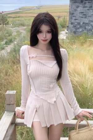 Irregular Long Sleeve Dress Set with Pleated Skirt - French Style Spicy Girl Spring Fashion for Women