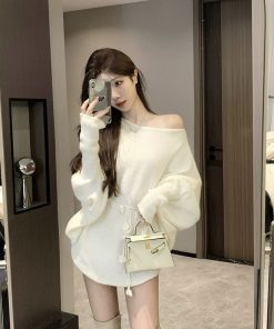 Irregular Off-Shoulder Knitted Mini Dress for Women - Loose Fit, Asymmetrical Neckline, French Style Sweater Dress for Autumn & Winter