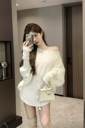 Irregular Off-Shoulder Knitted Mini Dress for Women - Loose Fit, Asymmetrical Neckline, French Style Sweater Dress for Autumn & Winter