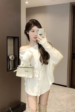 Irregular Off-Shoulder Knitted Mini Dress for Women - Loose Fit, Asymmetrical Neckline, French Style Sweater Dress for Autumn & Winter
