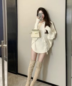 Irregular Off-Shoulder Knitted Mini Dress for Women - Loose Fit, Asymmetrical Neckline, French Style Sweater Dress for Autumn & Winter